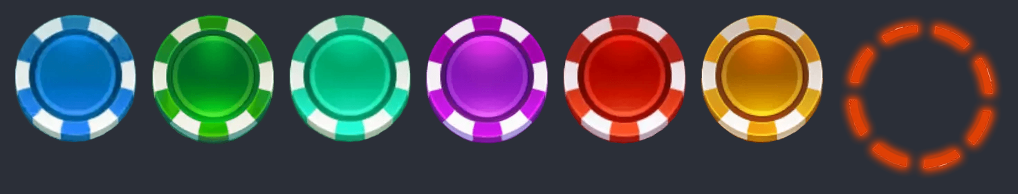 六张筹码原图(pieces/hud/imgCoins1–6.png,深色衬底只为看清,非画)